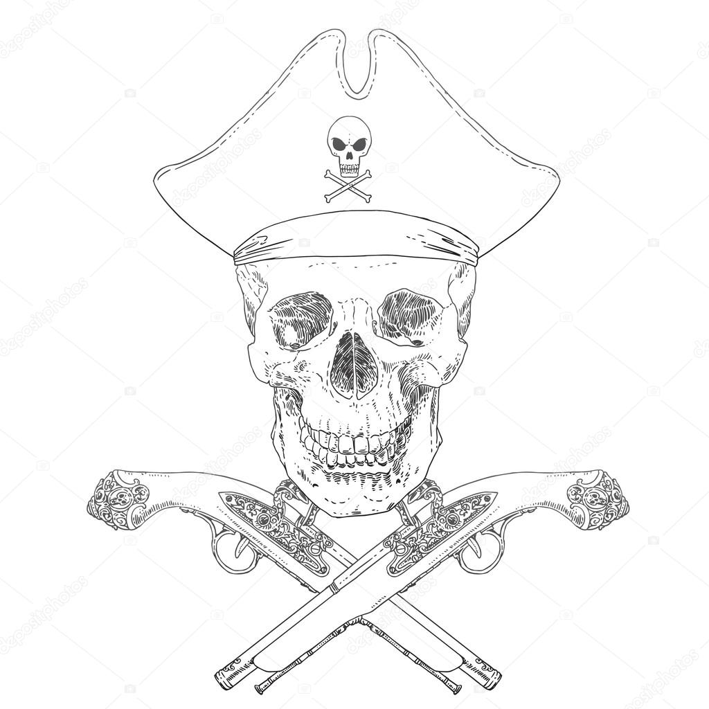 The Pirate Skull Jolly Roger. The vector image of piracy skull. Piracy flag with skull,  ribbon, hat, eyes patch and crossed pistols or sabers. Vector illustration.