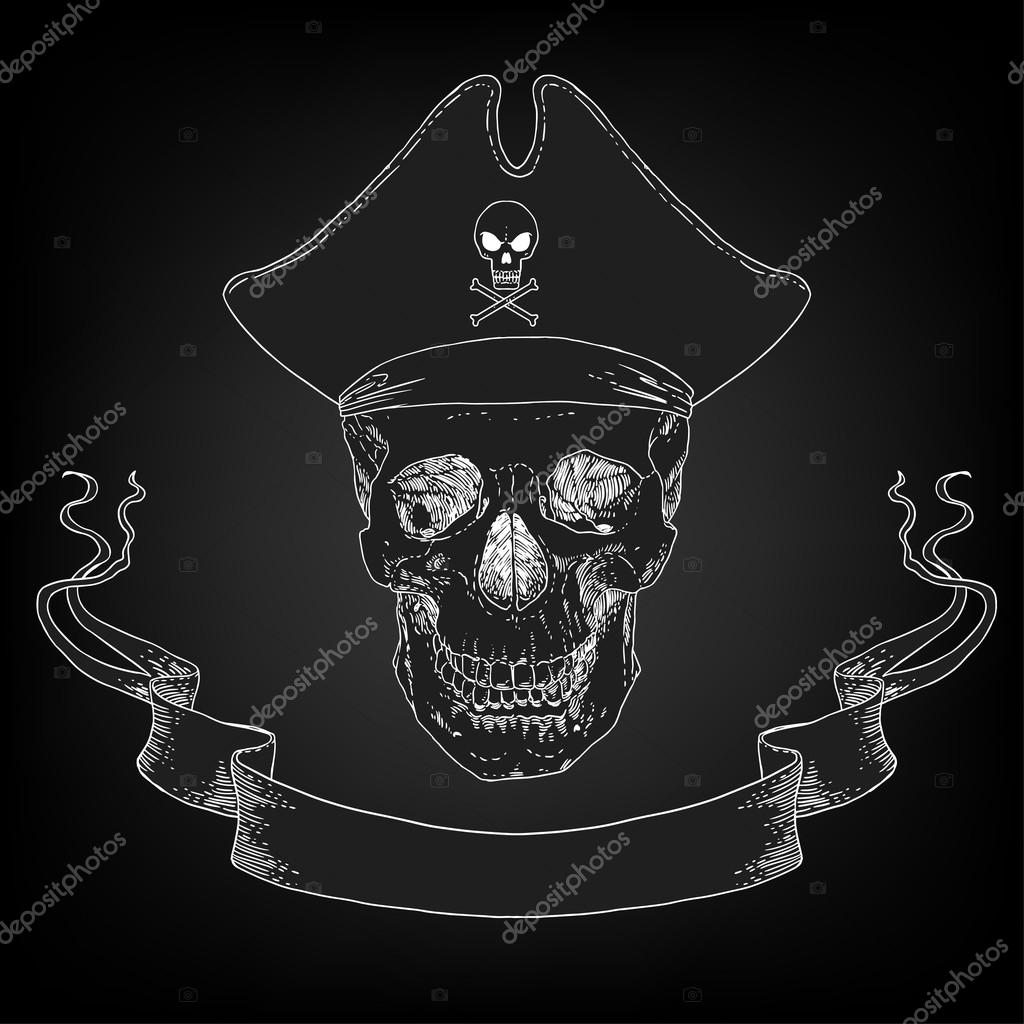The Pirate Skull Jolly Roger. The vector image of piracy skull. Piracy flag with skull,  ribbon, hat, eyes patch and crossed pistols or sabers. Vector illustration.