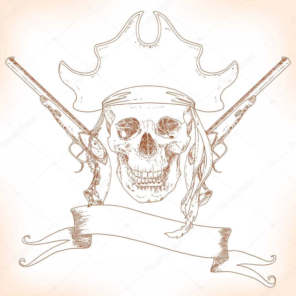 The Pirate Skull Jolly Roger. The vector image of piracy skull. Piracy flag with skull,  ribbon, hat, eyes patch and crossed pistols or sabers. Vector illustration.