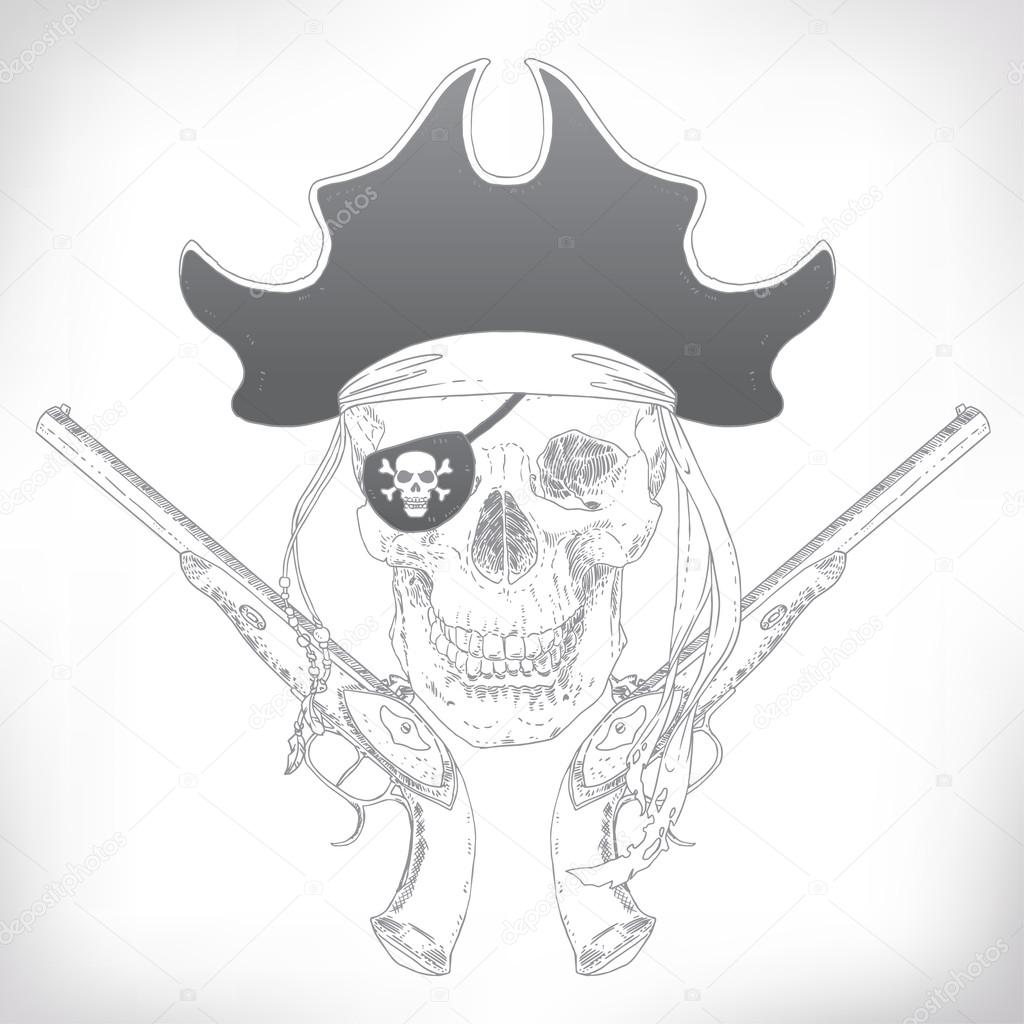 The Pirate Skull Jolly Roger. The vector image of piracy skull. Piracy flag with skull,  ribbon, hat, eyes patch and crossed pistols or sabers. Vector illustration.