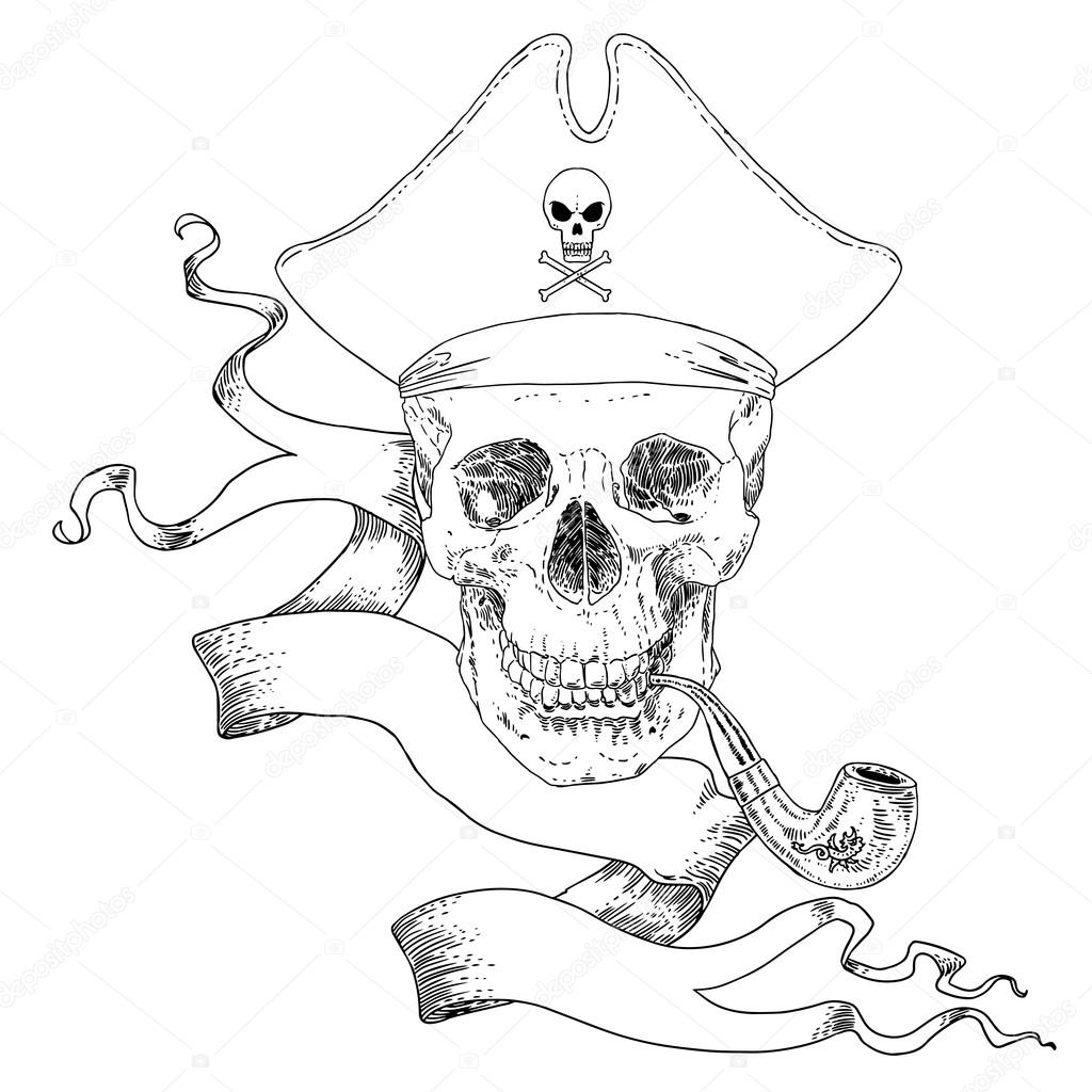 The Pirate Skull Jolly Roger. The vector image of piracy skull. Piracy flag with skull,  ribbon, hat, eyes patch and crossed pistols or sabers. Vector illustration.