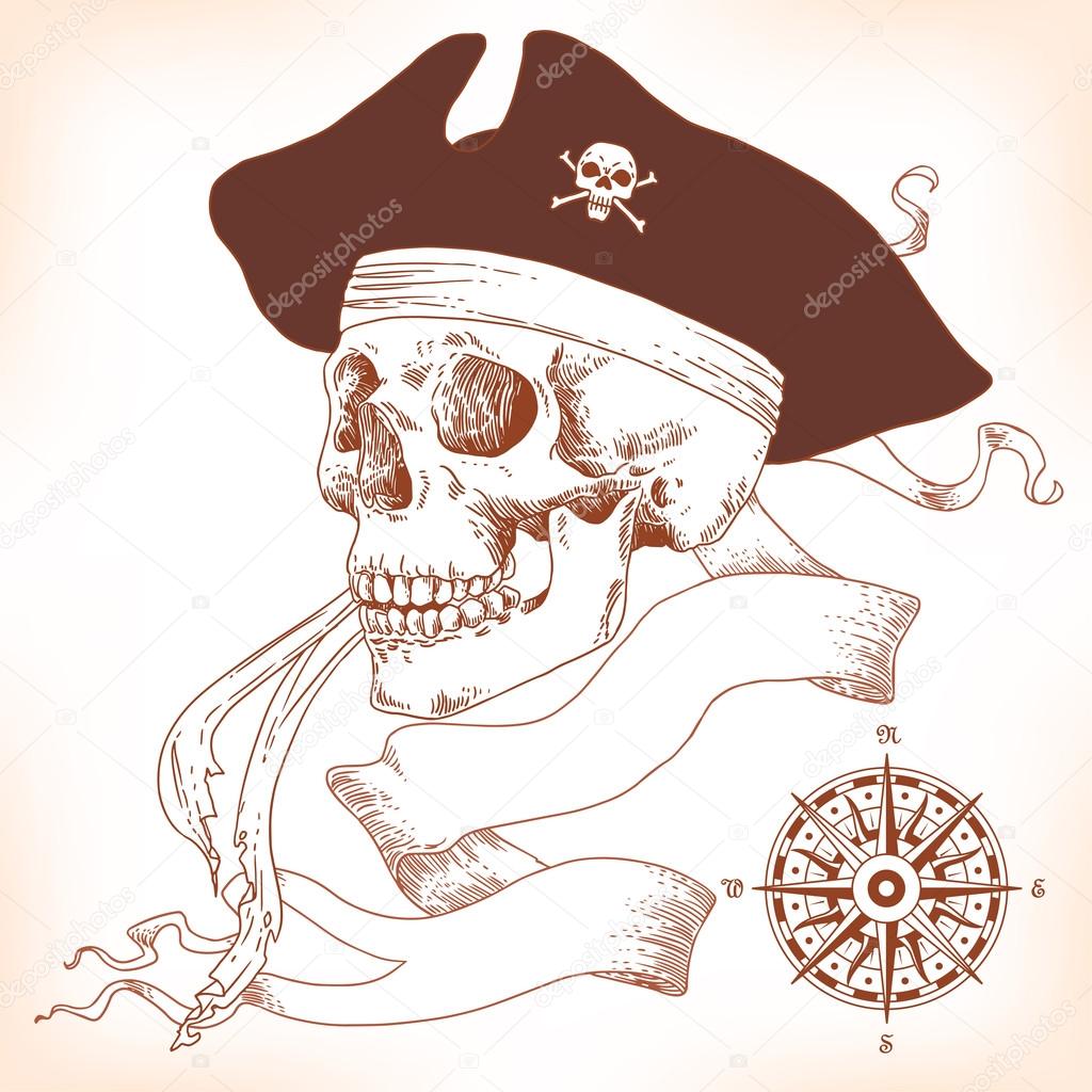 The Pirate Skull Jolly Roger. The vector image of piracy skull. Piracy flag with skull,  ribbon, hat, eyes patch and crossed pistols or sabers. Vector illustration.