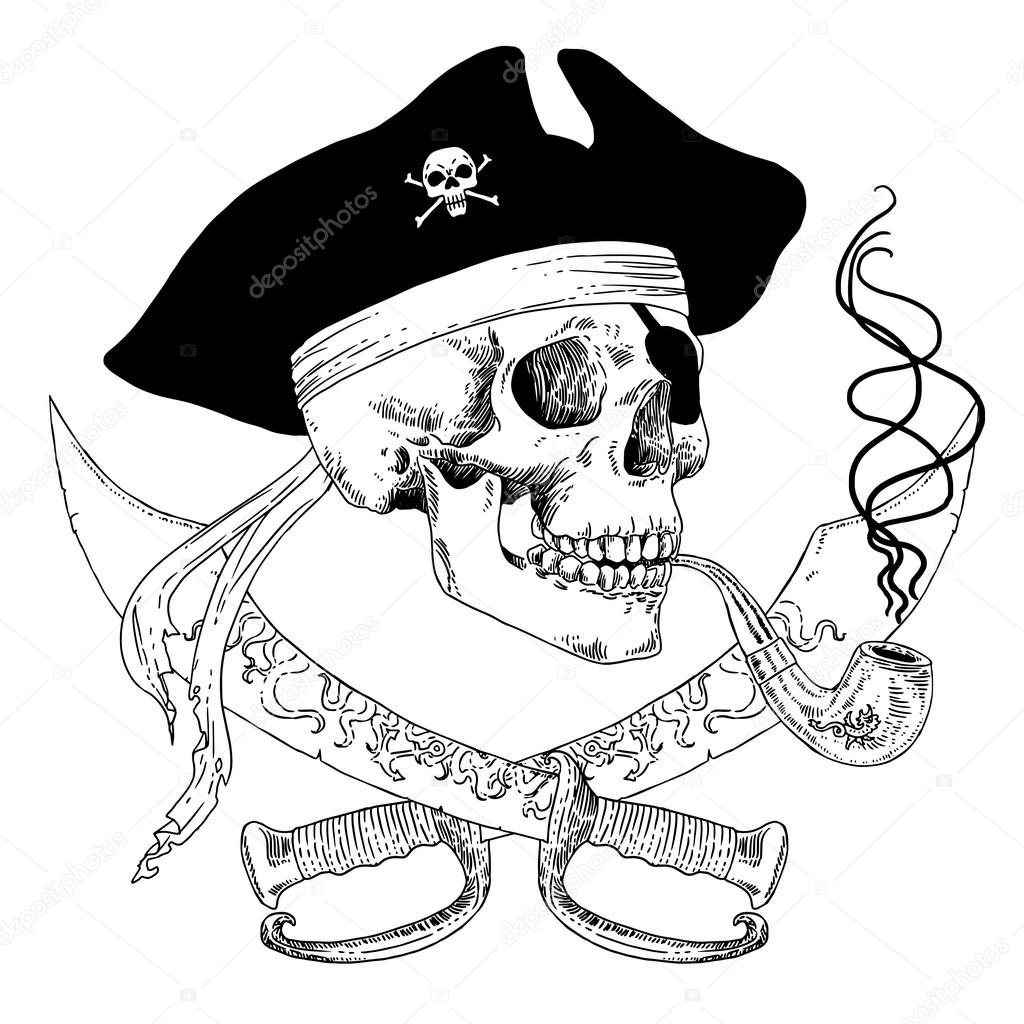 The Pirate Skull Jolly Roger. The vector image of piracy skull. Piracy flag with skull,  ribbon, hat, eyes patch and crossed pistols or sabers. Vector illustration.