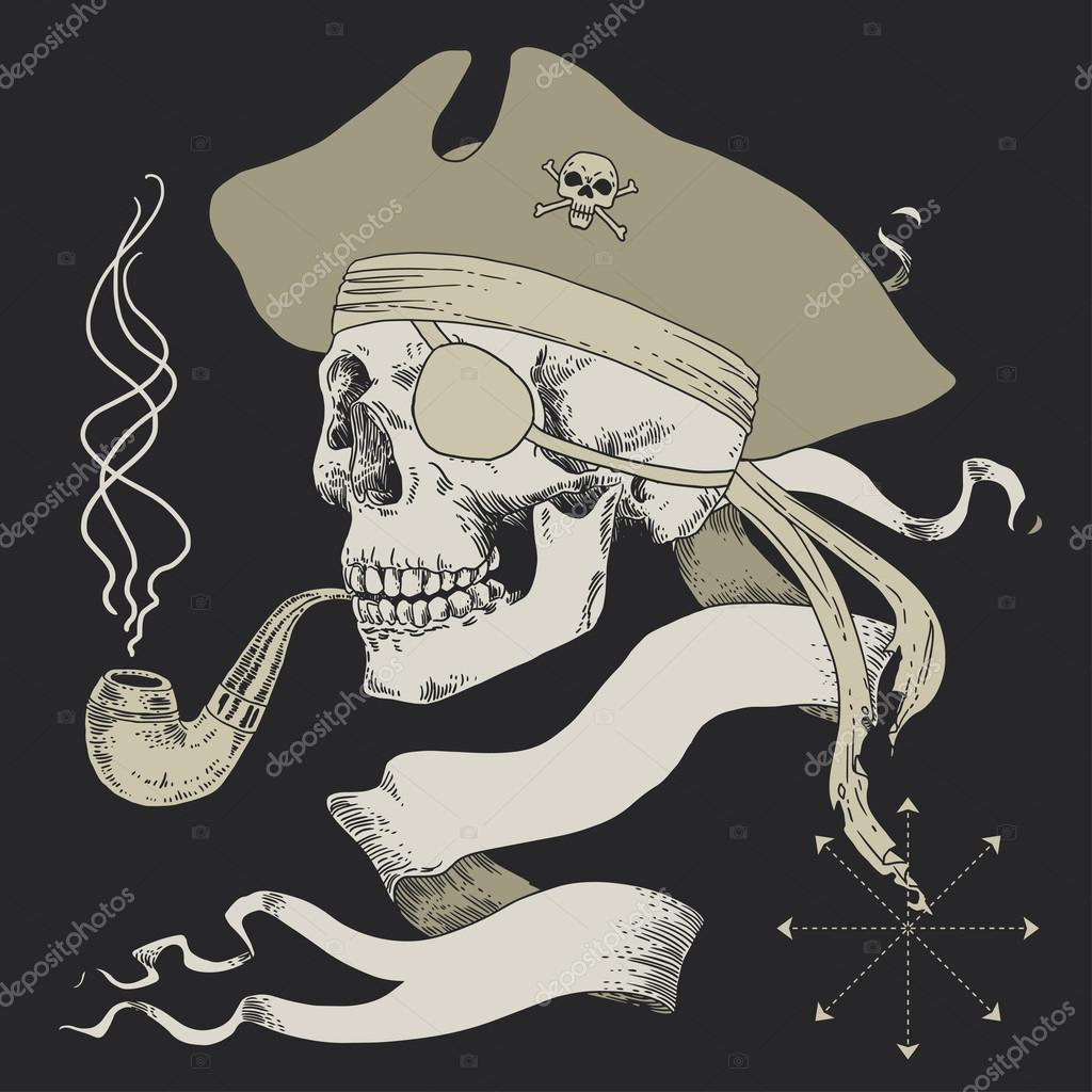 The Pirate Skull Jolly Roger. The vector image of piracy skull. Piracy flag with skull,  ribbon, hat, eyes patch and crossed pistols or sabers. Vector illustration.