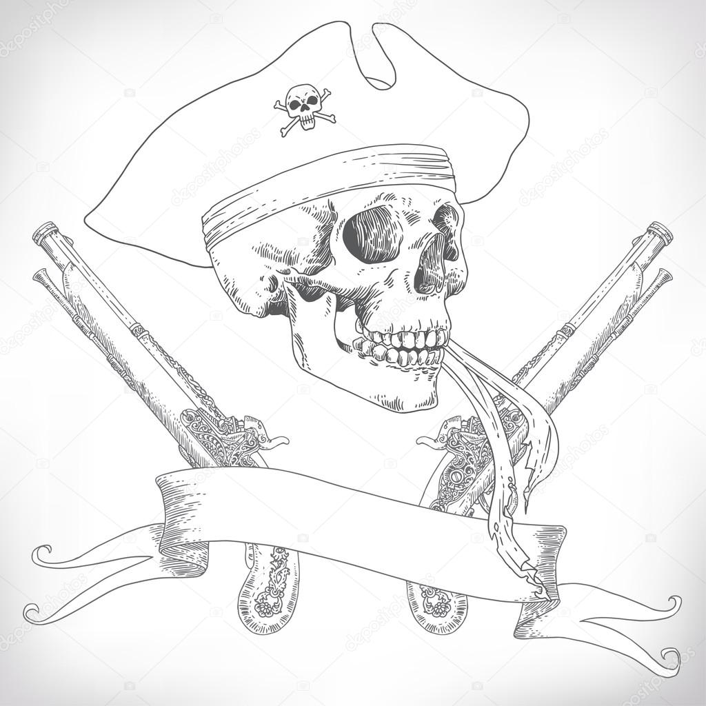 The Pirate Skull Jolly Roger. The vector image of piracy skull. Piracy flag with skull,  ribbon, hat, eyes patch and crossed pistols or sabers. Vector illustration.