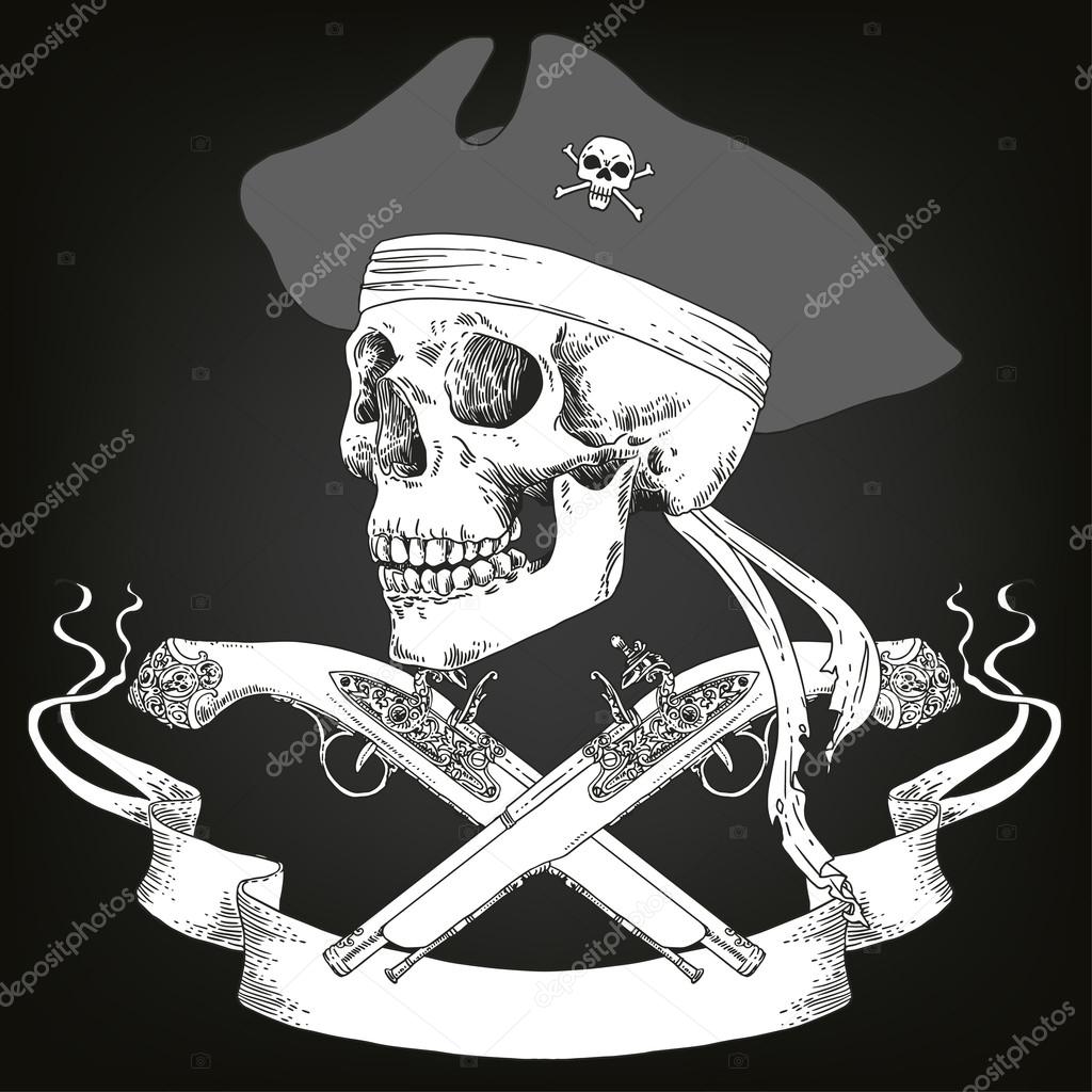 The Pirate Skull Jolly Roger. The vector image of piracy skull. Piracy flag with skull,  ribbon, hat, eyes patch and crossed pistols or sabers. Vector illustration.
