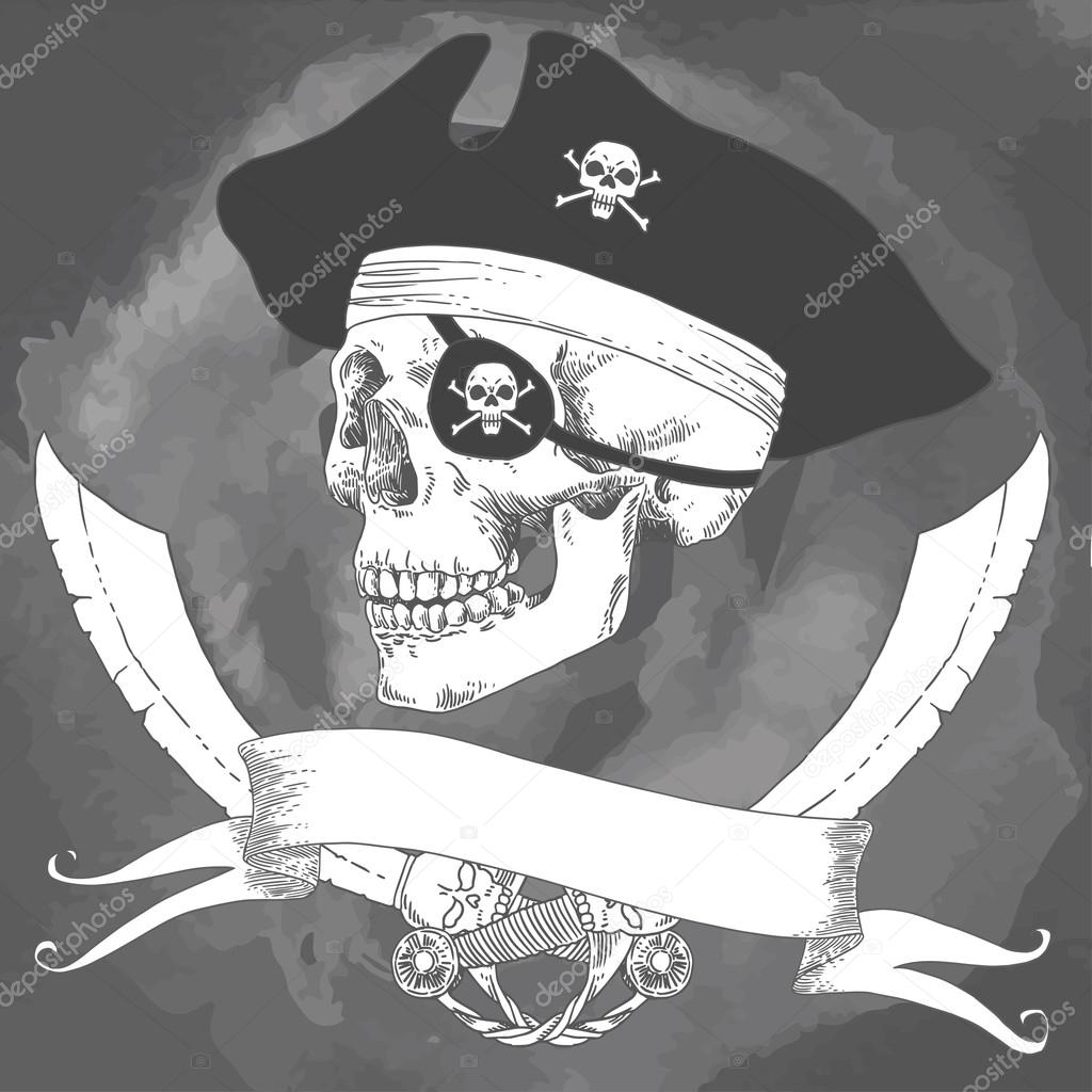The Pirate Skull Jolly Roger. The vector image of piracy skull. Piracy flag with skull,  ribbon, hat, eyes patch and crossed pistols or sabers. Vector illustration.