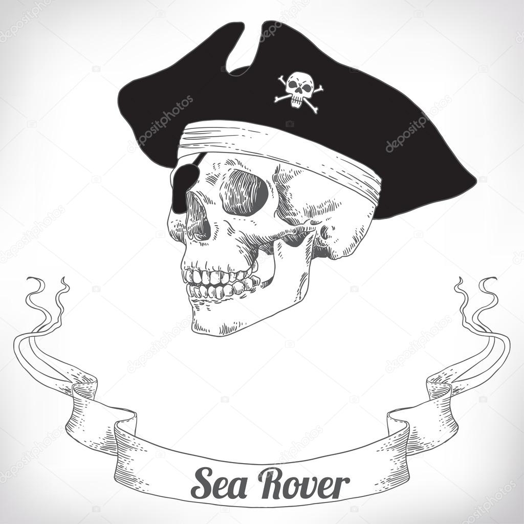 The Pirate Skull Jolly Roger. The vector image of piracy skull. Piracy flag with skull,  ribbon, hat, eyes patch and crossed pistols or sabers. Vector illustration.