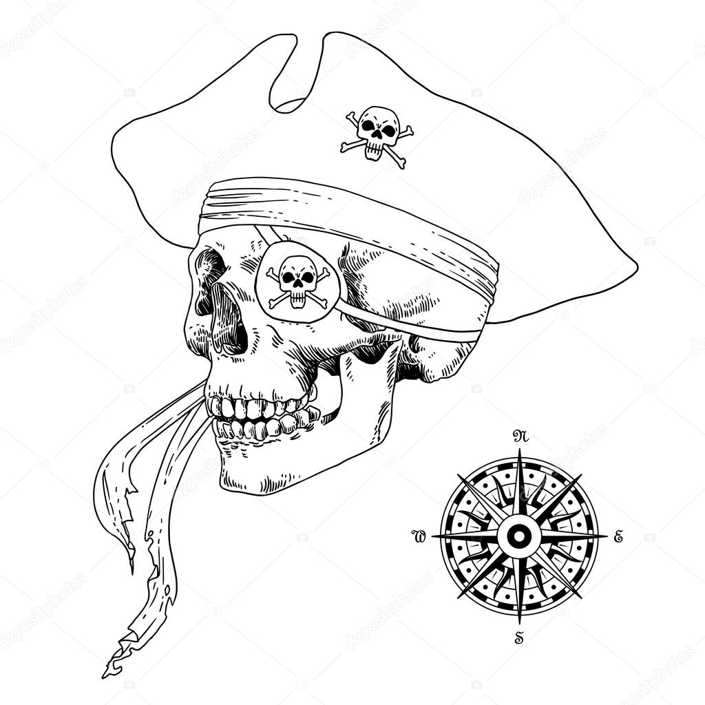The Pirate Skull Jolly Roger. The vector image of piracy skull. Piracy flag with skull,  ribbon, hat, eyes patch and crossed pistols or sabers. Vector illustration.