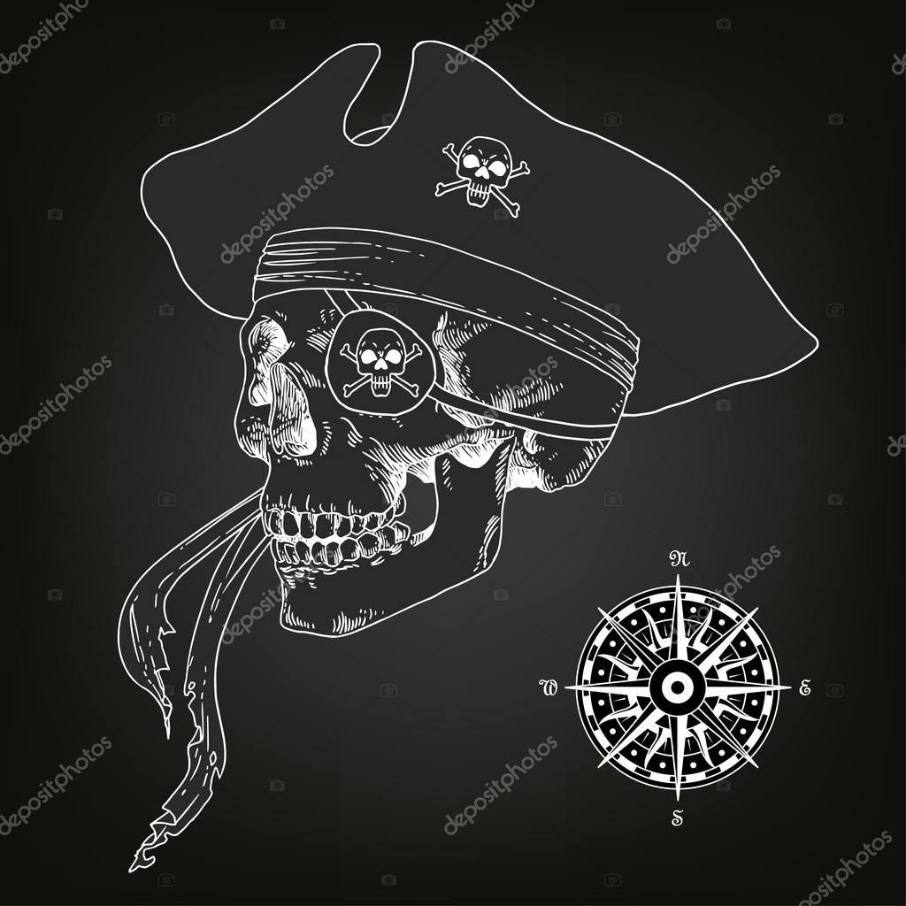 The Pirate Skull Jolly Roger. The vector image of piracy skull. Piracy flag with skull,  ribbon, hat, eyes patch and crossed pistols or sabers. Vector illustration.
