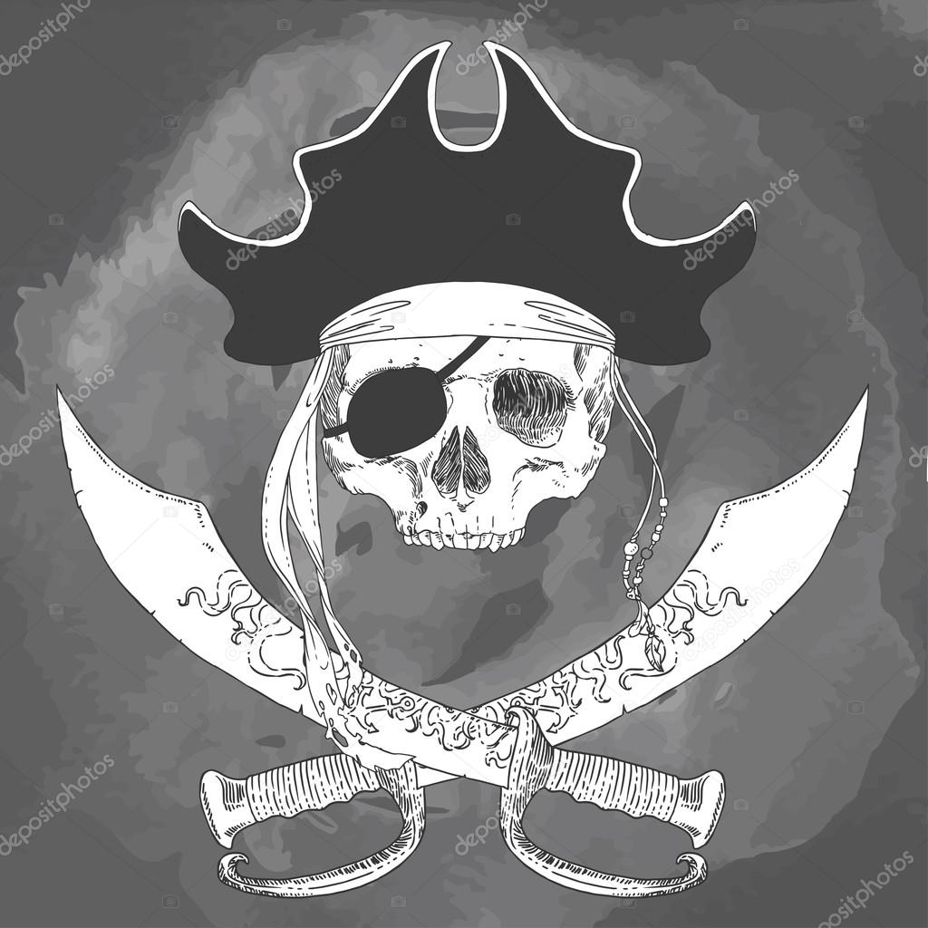 The Pirate Skull Jolly Roger. The vector image of piracy skull. Piracy flag with skull,  ribbon, hat, eyes patch and crossed pistols or sabers. Vector illustration.