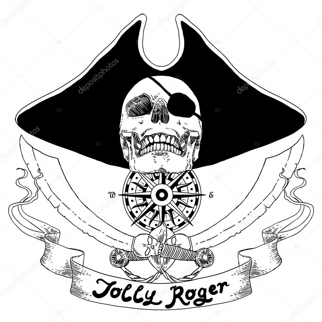 The Pirate Skull Jolly Roger. The vector image of piracy skull. Piracy flag with skull,  ribbon, hat, eyes patch and crossed pistols or sabers. Vector illustration.