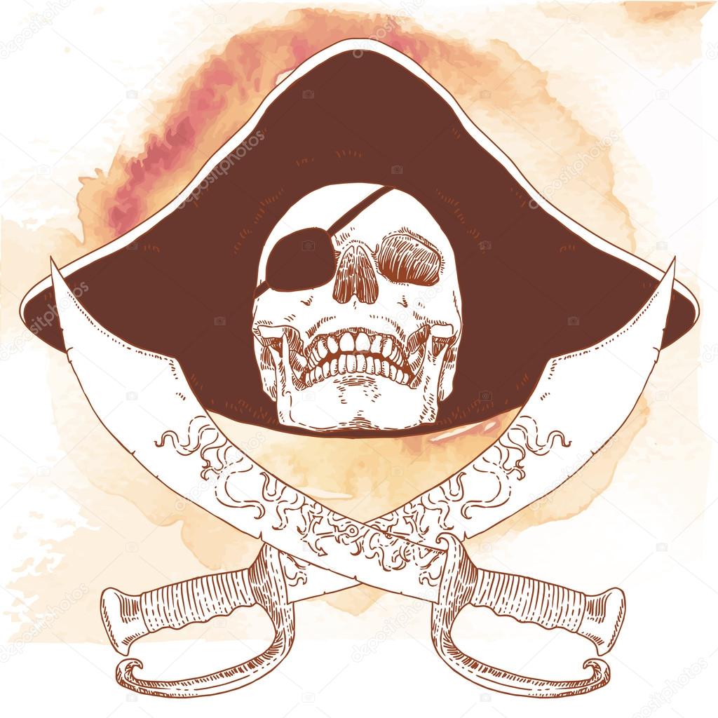 The Pirate Skull Jolly Roger. The vector image of piracy skull. Piracy flag with skull,  ribbon, hat, eyes patch and crossed pistols or sabers. Vector illustration.