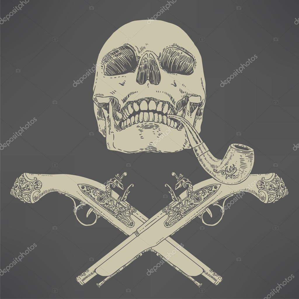 The Pirate Skull Jolly Roger. The vector image of piracy skull. Piracy flag with skull,  ribbon, hat, eyes patch and crossed pistols or sabers. Vector illustration.