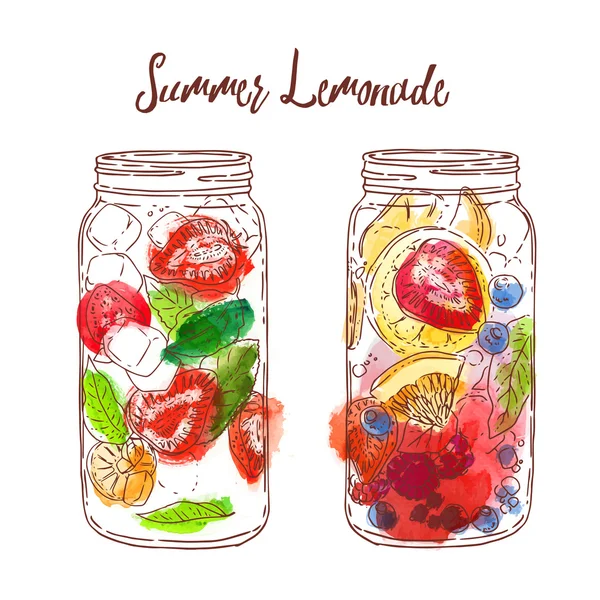 Summer lemonade in glass jars — Stock Vector