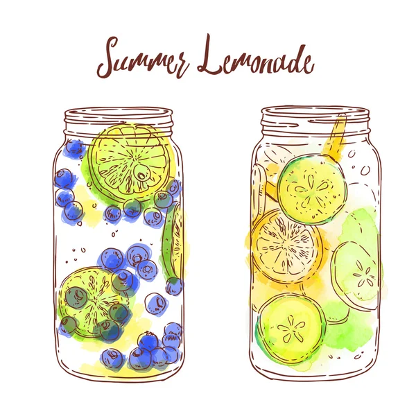 Limonada de verano en tarros de vidrio — Vector de stock