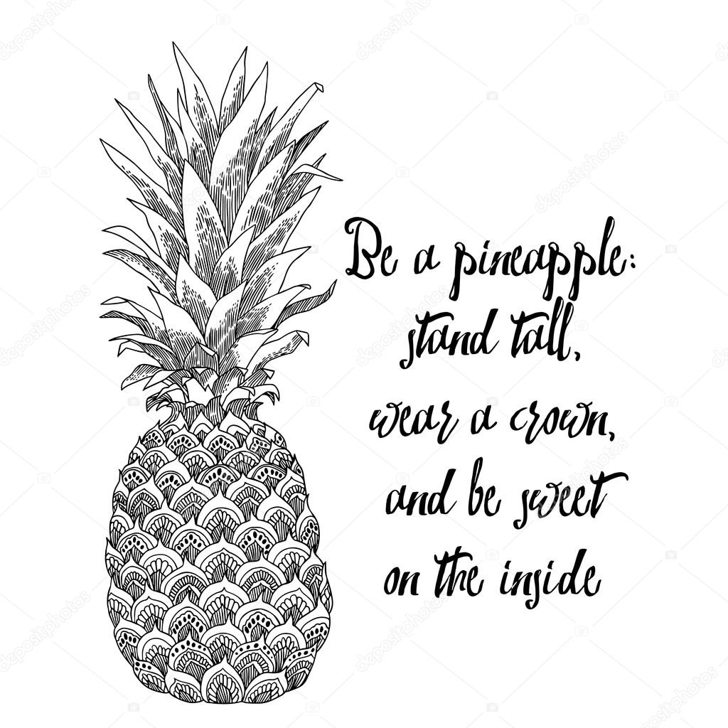 Hand drawn illustration of isolated pineapple fruit silhouette on a white background. This illustration can be used for coloring book for adult, logo, t shirt design, flyer, tattoo and more.