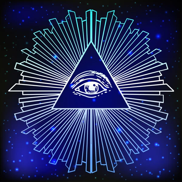 All seeing eye inside delta triangle pyramid — Stock Vector
