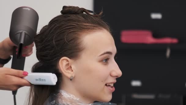 ヘアドレッサーヘアドライヤーとブラシを使用して女性の長い髪を乾燥 — ストック動画