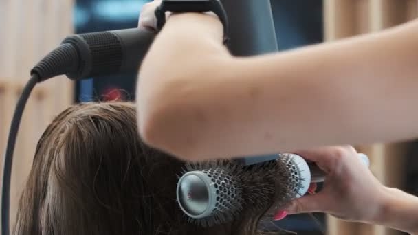 Penata Rambut Wanita Yang Mengeringkan Rambut Panjang Menggunakan Pengering Rambut — Stok Video