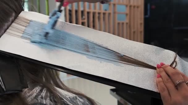 Kuaför Kuaförde Kadın Saçı Boyuyor Hava Dokunuşu Renk Tekniği Yakın — Stok video