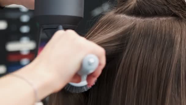 Κομμωτήριο Ξήρανση Γυναίκα Μακριά Μαλλιά Χρησιμοποιώντας Στεγνωτήρα Μαλλιών Και Βούρτσα — Αρχείο Βίντεο