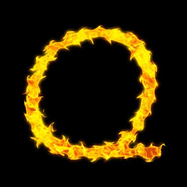 Harf Q siyah bir zemin üzerine ateş