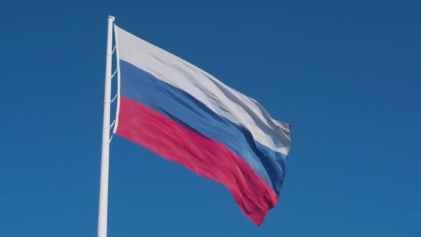 Μεγάλη Σημαία Τρίχρωμου Της Ρωσικής Ομοσπονδίας Κυματίζει Στον Άνεμο Ενάντια — Αρχείο Βίντεο