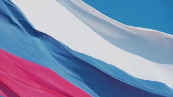 Grote Tricolor Vlag Van Russische Federatie Vliegt Wind Tegen Een — Stockvideo
