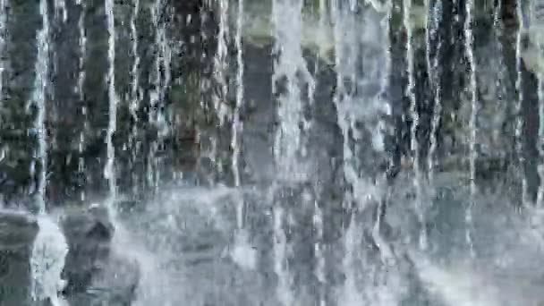 Close Waterfall Water Streams Large Black Stones Lots Splashes — Stock Video