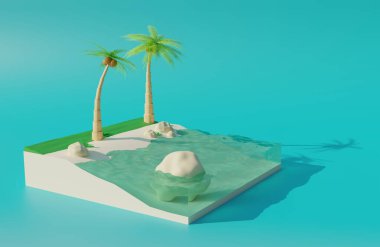 3 boyutlu görüntüleme. Çimen, beyaz kum, büyük taşlar ve mavi arka planda turkuaz bir deniz olan bir adada yeşil yapraklı iki palmiye ağacı.. 