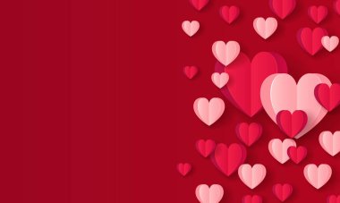 Sevgililer günün kutlu olsun. Kırmızı ve pembe Origami Kalpler 'den yapılmış büyük bir kalple tatil arkaplan tasarımı. Yatay poster, broşür, tebrik kartı, web sitesi başlığı
