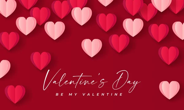 ハッピーバレンタインデーのバナー 赤とピンクの折り紙の心で作られた大きな心で休日の背景デザイン 水平ポスター チラシ グリーティングカード ウェブサイトのヘッダー — ストックベクタ