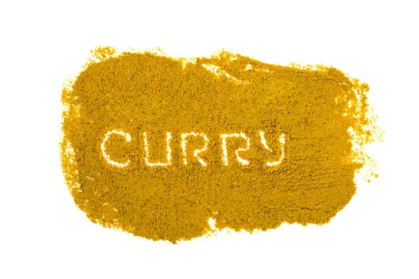 Photo of curry powder with text isolated on white — Stock Photo, Image