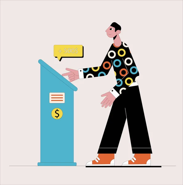 Vector illustration. Business concept. Customer standing near atm. — Stock Vector