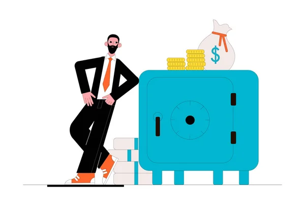 Vector illustration. Business concept. Big safe with money and businessman. — Stock Vector
