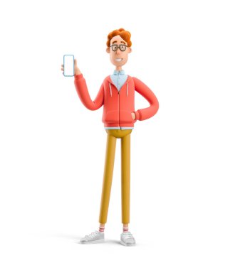 3 boyutlu illüstrasyon. İnek Larry telefonu tutuyor..