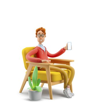 3 boyutlu illüstrasyon. İnek Larry koltukta oturuyor ve elinde bir cep telefonu tutuyor.. 