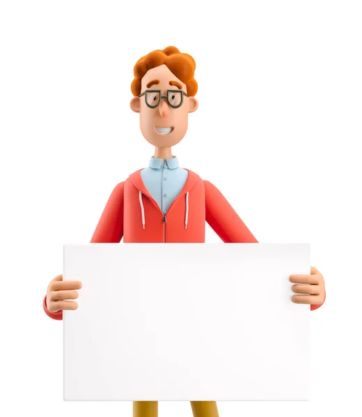 3d illustratie. Nerd Larry met leeg bord. Reclameconcept. — Stockfoto