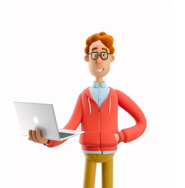 3D-Illustration. Nerd Larry Stand mit Laptop. — Stockfoto