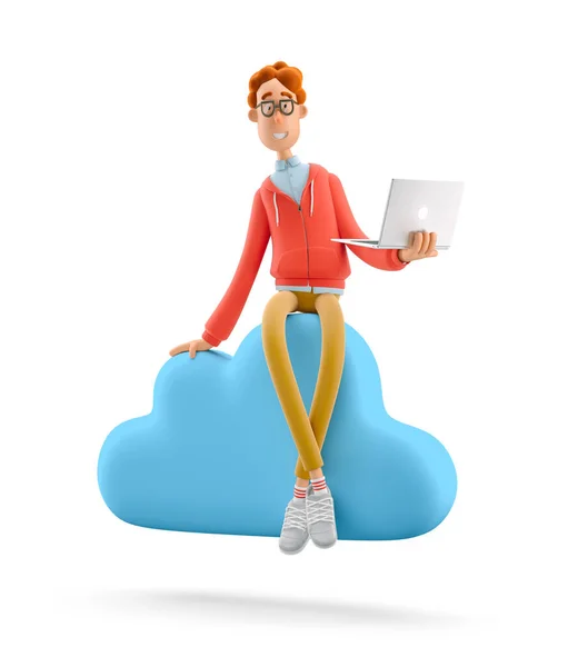 3 boyutlu illüstrasyon. İnek Larry büyük bulut işaretinin üzerinde oturuyor. Mobil uygulama ve bulut hizmetlerini kavra.