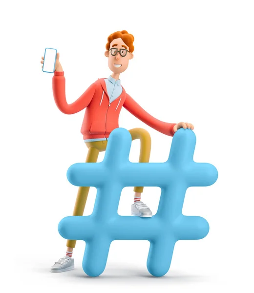 Illustrazione 3d. Larry il nerd con l'hashtag. Concetto di comunicazione moderno dei social network. — Foto Stock