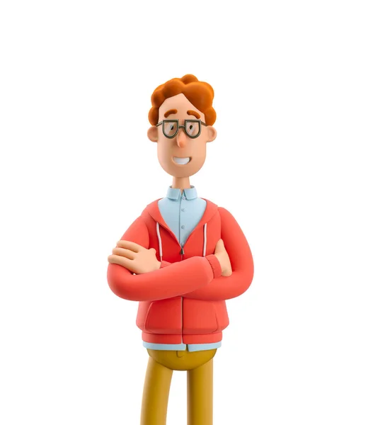 Ilustracja 3D. Nerd Larry stoi z rękami skrzyżowanymi. — Zdjęcie stockowe
