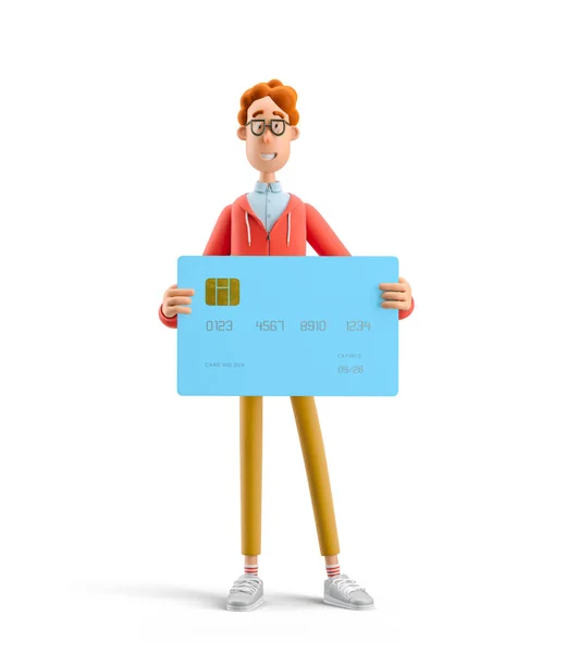 3D ilustrace. Nerd Larry s kreditní nebo debetní kartou. — Stock fotografie