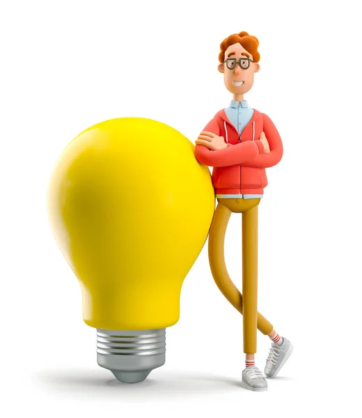 3d illustratie. Nerd Larry met gloeilamp. Idee en innovatietechnologieconcept. — Stockfoto