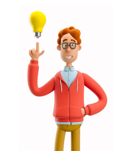 Ilustracja 3D. Nerd Larry z żarówką. Pomysł i koncepcja technologii innowacji. — Zdjęcie stockowe