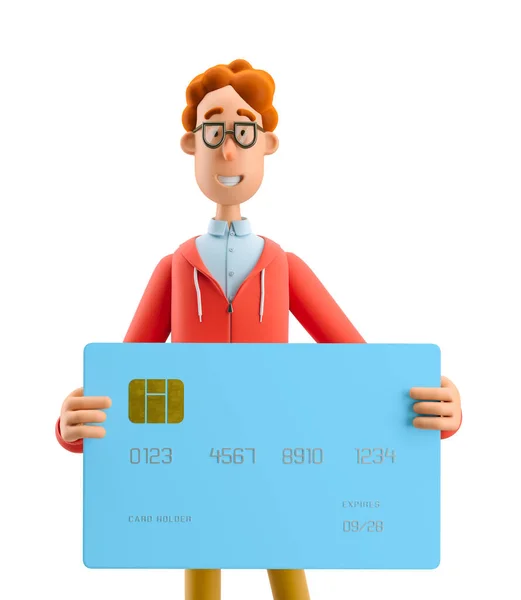 3d ілюстрація. Нерд Ларрі з кредитною або дебетовою карткою.. — стокове фото