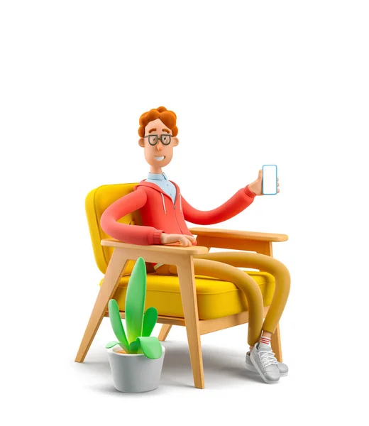 3D illusztráció. Kocka Larry ül egy karosszékben, és tart egy mobiltelefont. — Stock Fotó
