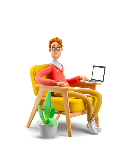 3D-illustration. Nerd Larry sitter i en fåtölj med laptop. Begreppet distansarbete, studier och kommunikation i bekväma förhållanden hemma. — Stockfoto