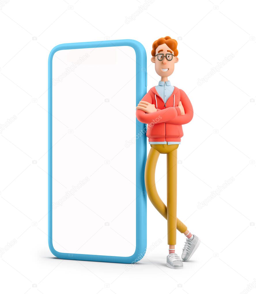 3d illustration. Nerd Larry standing next to a large phone